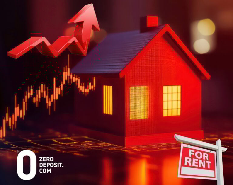 Red house with rising rent graph and "For Rent" sign representing rental market growth