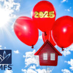 4 red balloons holding a house in the sky with clouds in the background, 2025