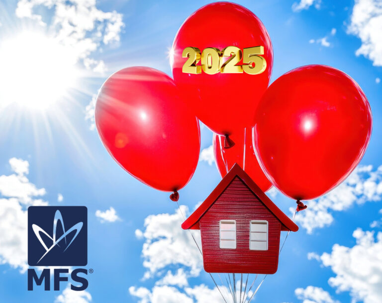 4 red balloons holding a house in the sky with clouds in the background, 2025