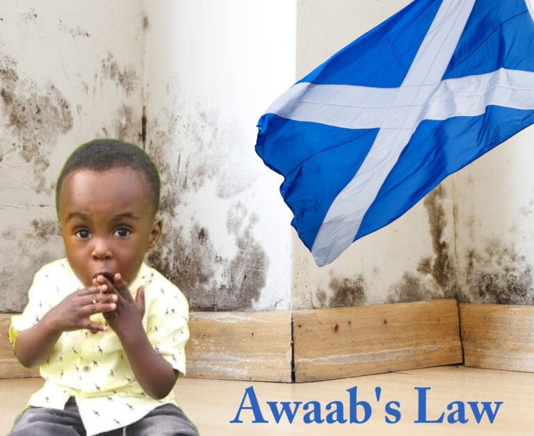 A small child, Awaab's Law logo and a Scottish Flag