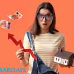 A womein holding an arrow pointing upwards towards bank notes and a small model house, Barclays logo