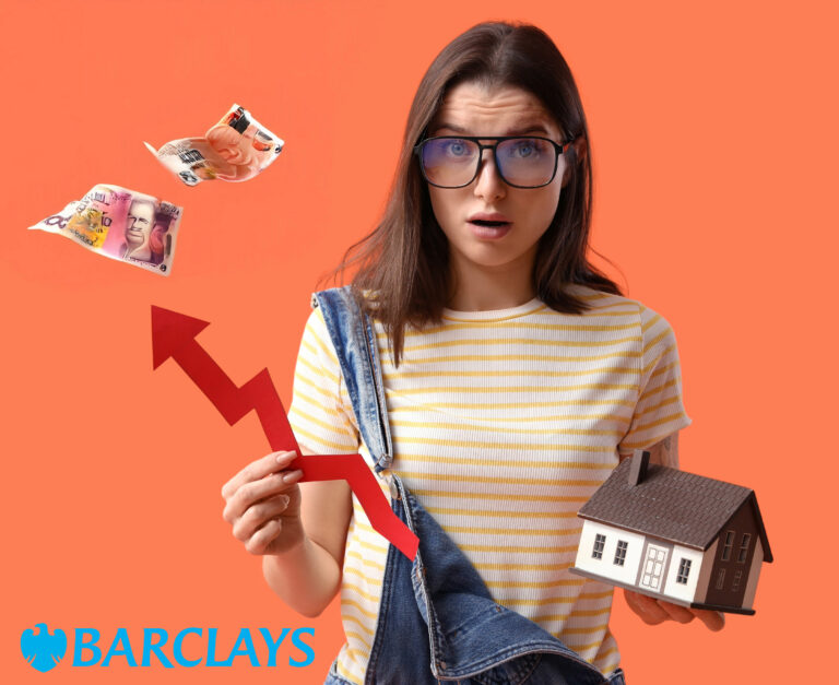 A womein holding an arrow pointing upwards towards bank notes and a small model house, Barclays logo