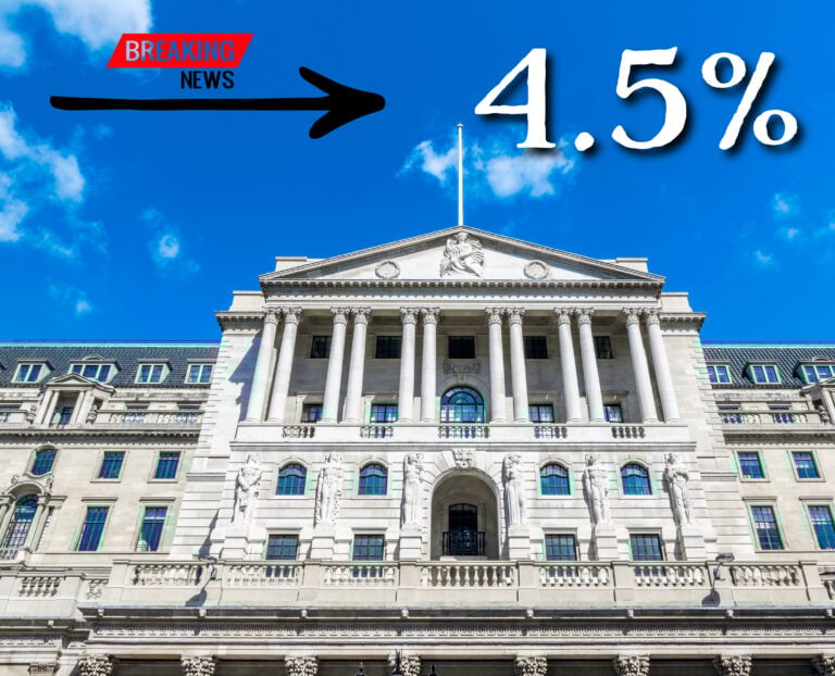 Bank of England, an arrow pointing towards 4.5% and Breaking News
