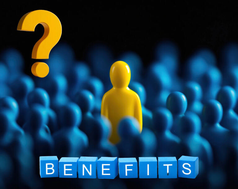 Blue figures, a yellow figure, a yellow question mark and Benefits written on blue blocks