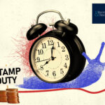 A alarm clock on a snail, stamp Duty and coins