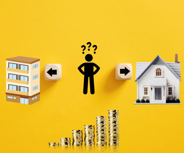 A figure of a person with question marks on top of its head, a house, and a tower block on either side, with an arrow pointing to each. stacked coins increasing in size on a yellow background
