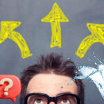 A man with arrows above his head, a question mark sign and gushing water