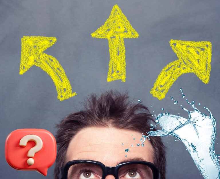 A man with arrows above his head, a question mark sign and gushing water