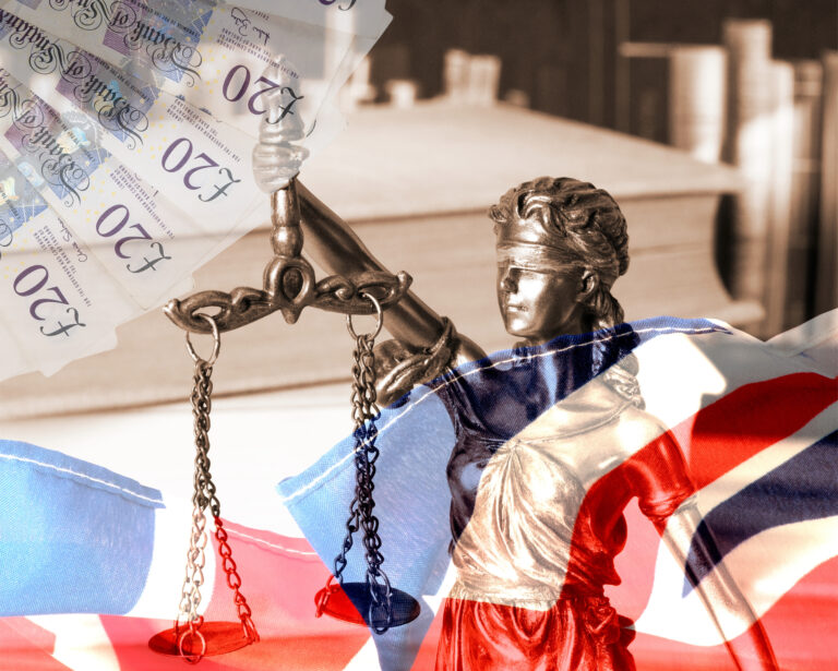 Lady Justice with UK flag and £20 notes symbolising court funding