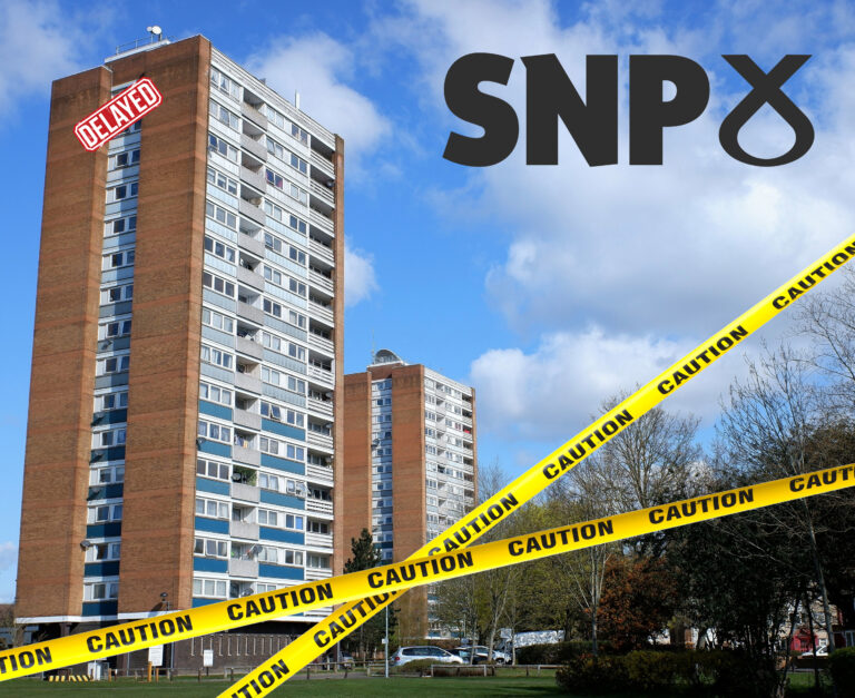 A tower block with a do not cross line, SNP logo