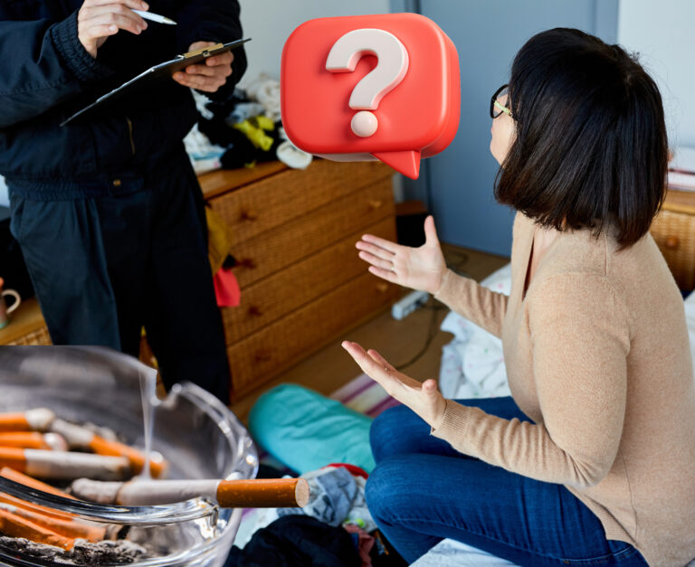A lady sitting on a bedrrom floor looking upto another person who is writing on a clipbaord and a question mark