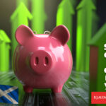 A pig surrounded by green arrows pointing upwards and the Socttish flag