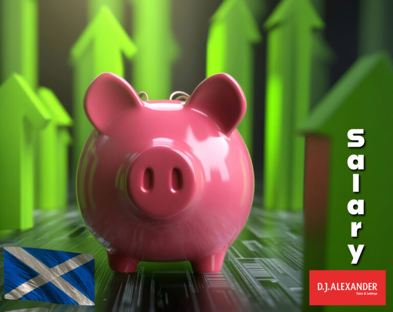 A pig surrounded by green arrows pointing upwards and the Socttish flag