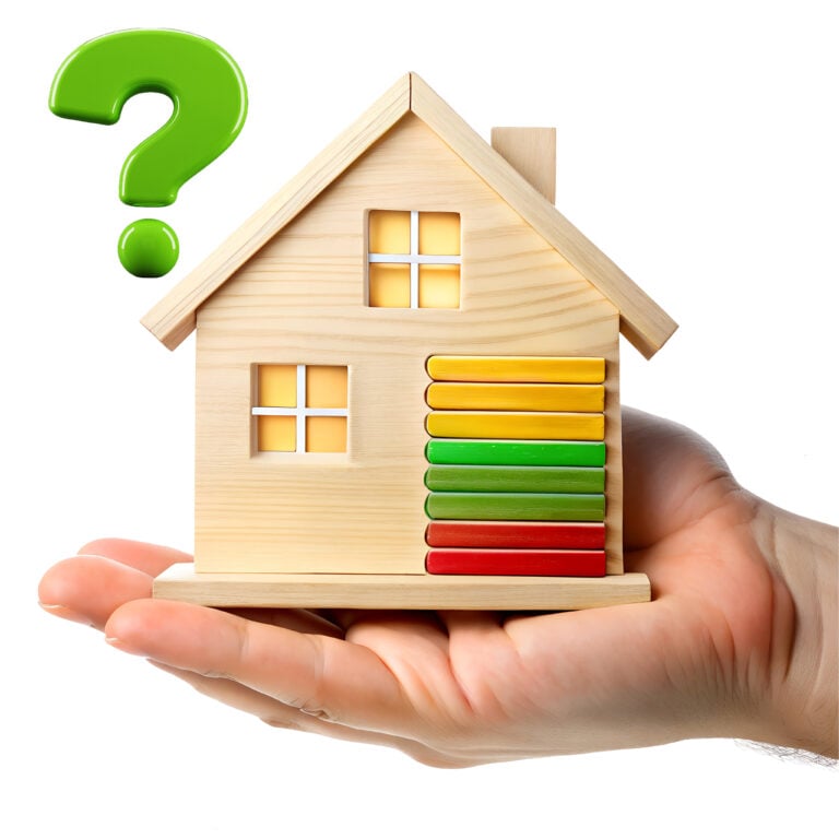 A hand holding a wooden house with EPC graph and a question mark