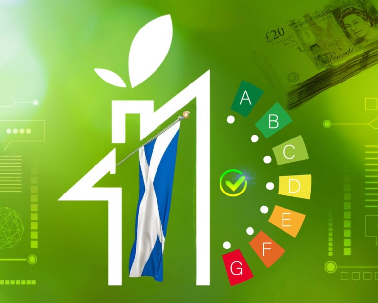 Scottish flag on energy efficiency rating graphic with money symbolising EPC fines.