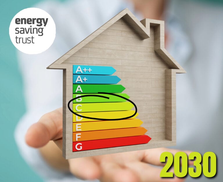 An EPC graph inside a wooden house frame, being held in a person's hand, Energy Saving Trust logo and 2030