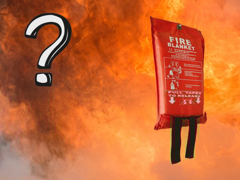 A fire blanket and a question mark with a fire blazing in the background