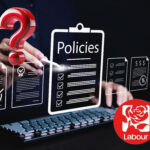 Policy checklist graphic with Labour Party logo and question mark highlighting uncertainty