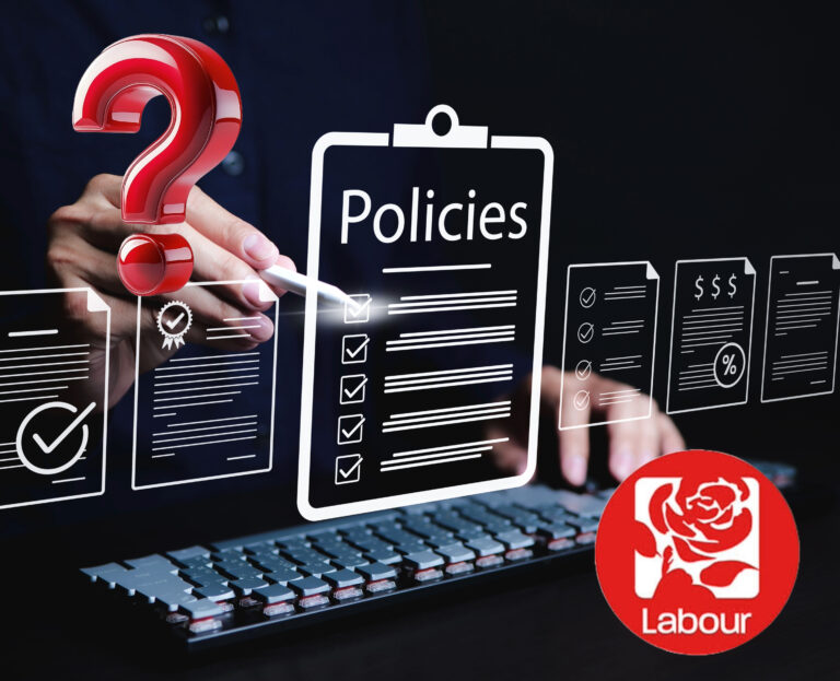 Policy checklist graphic with Labour Party logo and question mark highlighting uncertainty