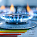 Close-up of gas hob flames above an energy efficiency boiler rating chart.