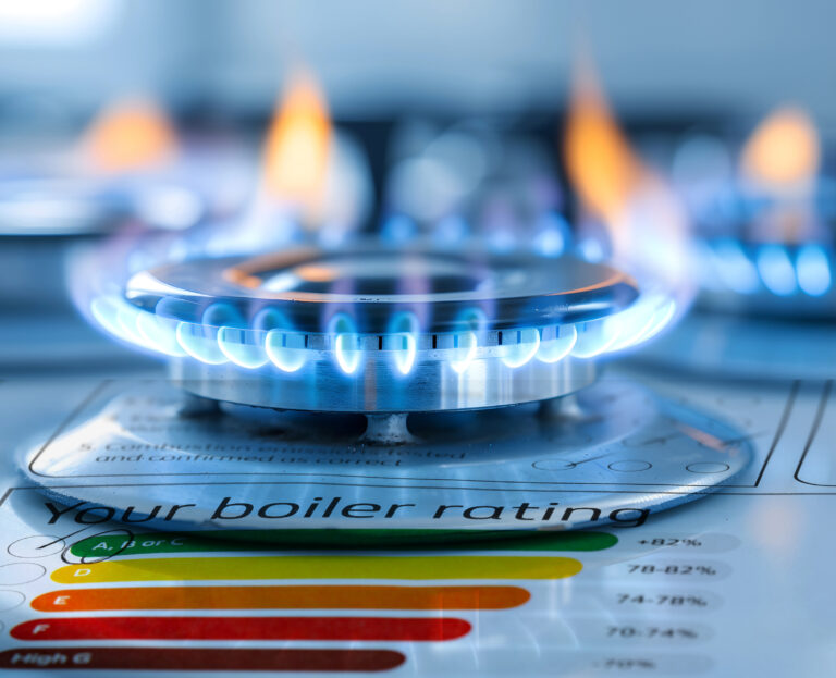 Close-up of gas hob flames above an energy efficiency boiler rating chart.