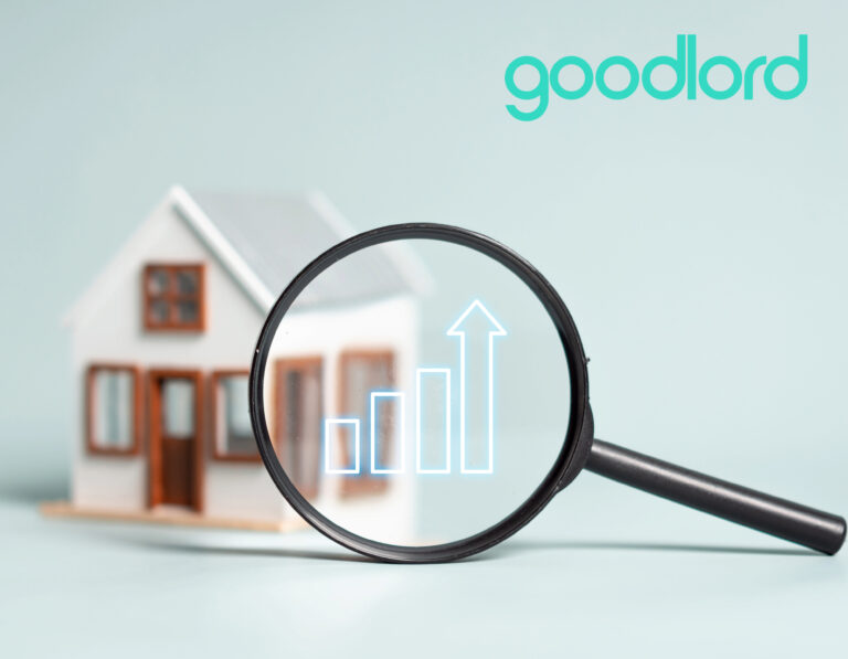 Magnifying glass over a house with rising rent graph and Goodlord logo.
