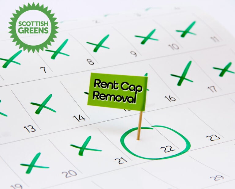 A calender with days marked off with a green tick, 22 circled in green, Rent Cap Removed text and Scottish Green logo
