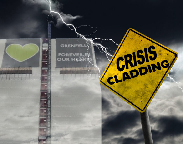 Grenfell tower, crisis cladding sign and stormy background