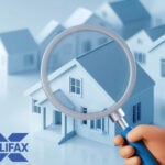 Blue model homes, a magnifying glass and Halifax logo