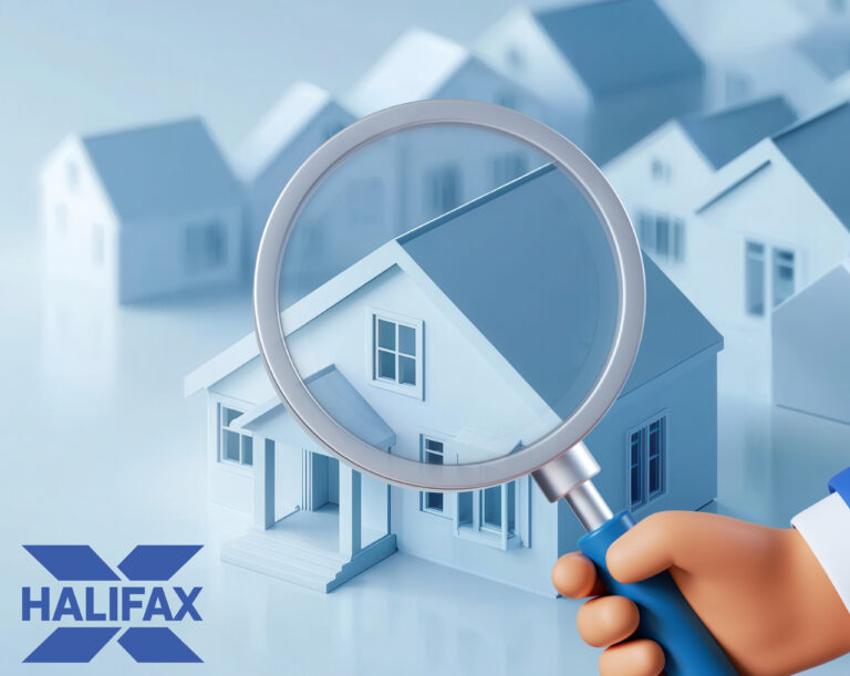 Blue model homes, a magnifying glass and Halifax logo