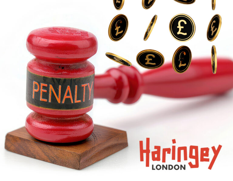 Judges hammer, Harringey Council logo and pound signs