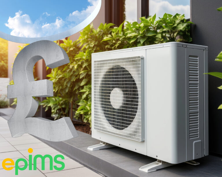 Air source heat pump outside a home with large pound symbol highlighting high installation costs.