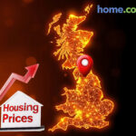 A map of England, with a location pin in the north, an arrow climbing upwards above a Housing prices sign