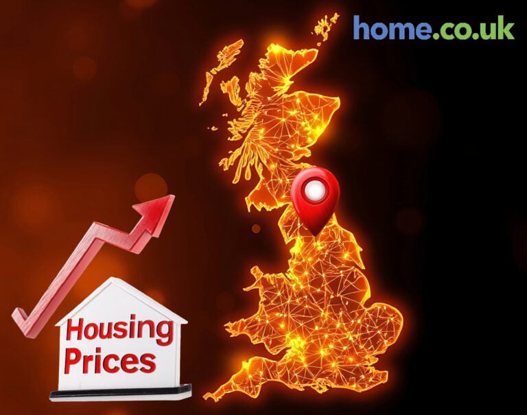 A map of England, with a location pin in the north, an arrow climbing upwards above a Housing prices sign