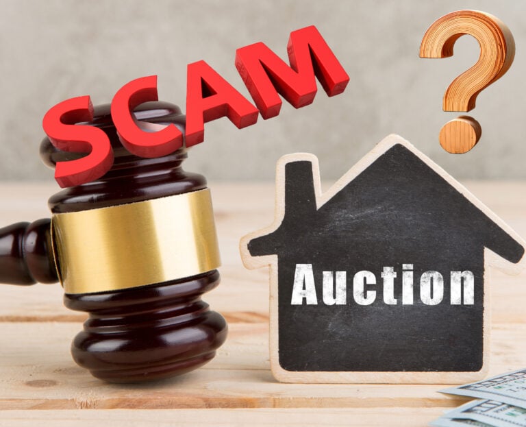 A justice hammer, Scam, a question mark and auction sign inside a house