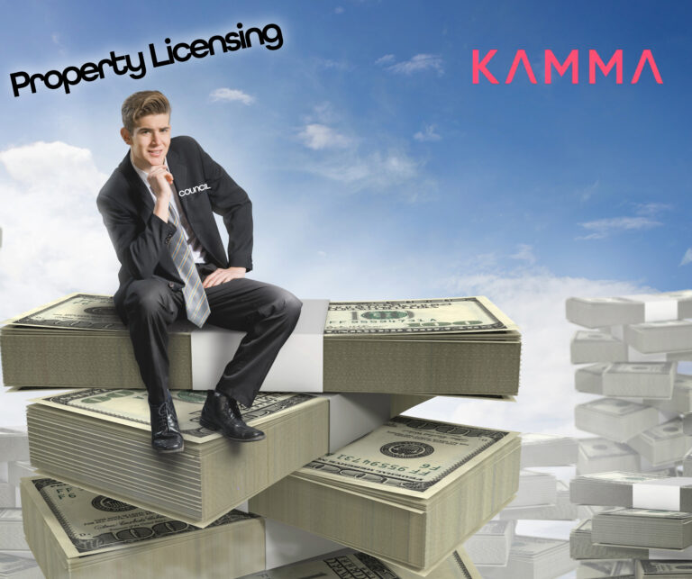 A man sitting on wads of money notes, Kamma logo