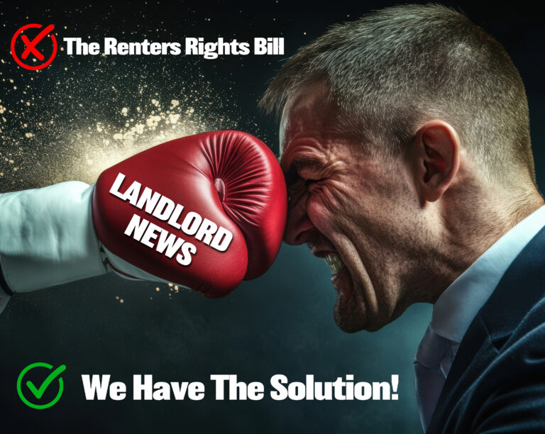 A boxing glove hitting a man in the case, REnters' Rights Bill logo, a small green tick and We Have The Solution wording