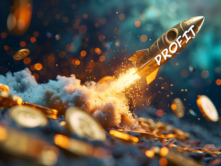 A rocket soaring upwards from coins