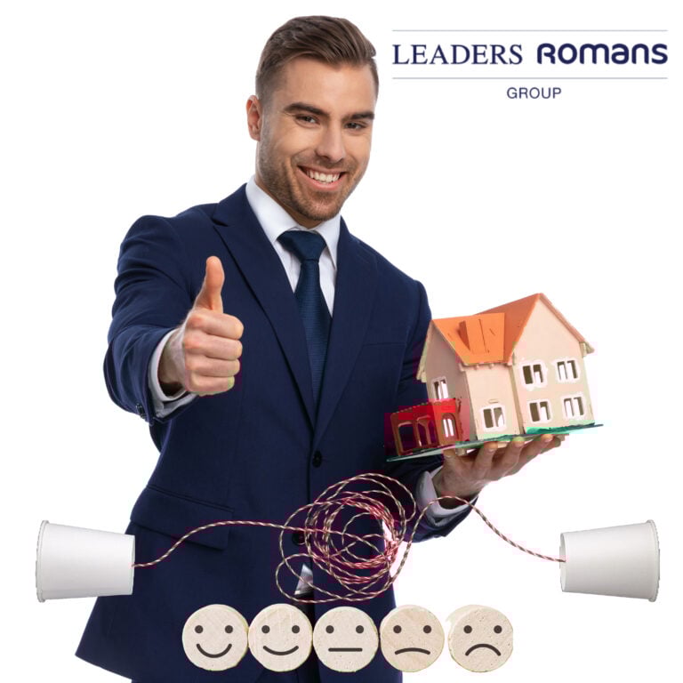 Smiling landlord holding model house with thumbs up, Leaders Romans Group logo, and tenant communication symbols.