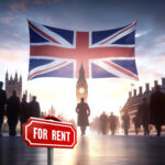 Union Jack flag, Houses of Parliament, figures walking, and For sale sign