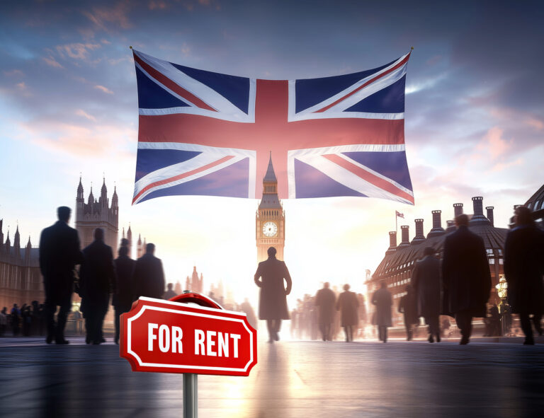 Union Jack flag, Houses of Parliament, figures walking, and For sale sign