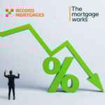 A green arrow moving downwards across the screen, a shadow of a figure, a green percentage sign The Mortgage Works, Accord Mortgages