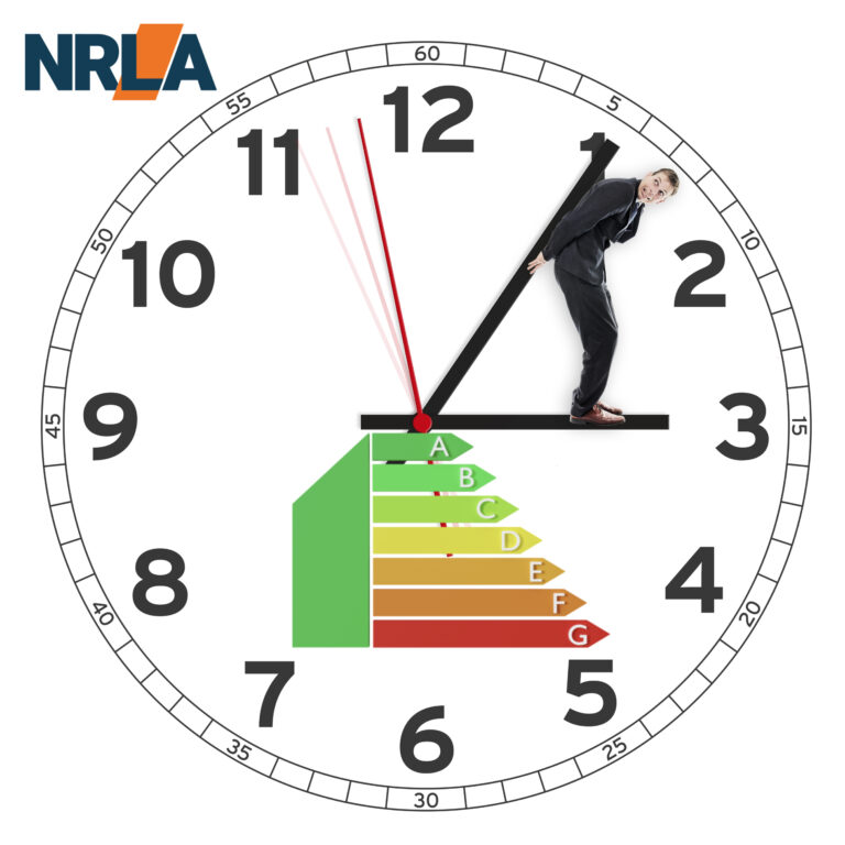 Clock with EPC energy rating scale and landlord under pressure of looming deadline.