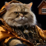 A cat in a trendy boss outfit with a house in the background