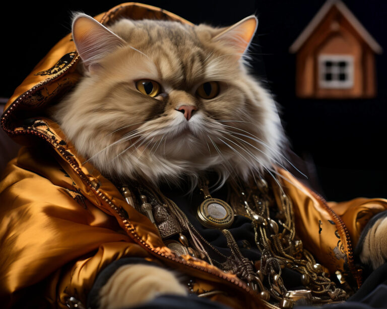 A cat in a trendy boss outfit with a house in the background