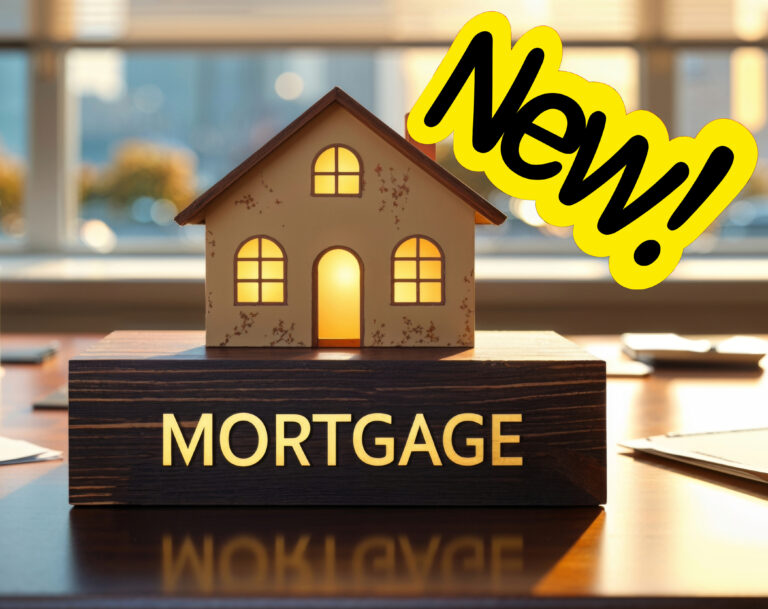 A wooden model house sitting on a wooden block, saying mortgage and New