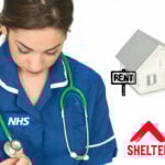 A NHS worker, a house Shelter logo