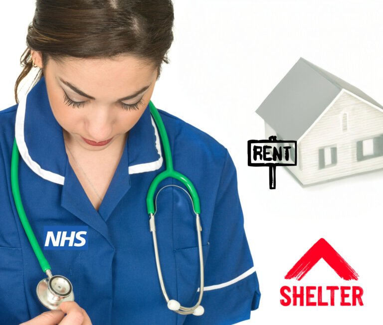 A NHS worker, a house Shelter logo