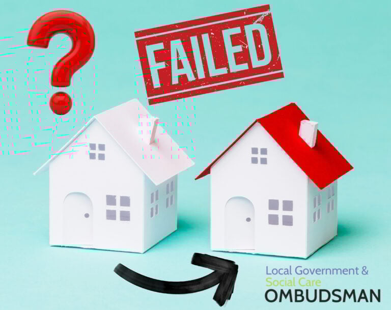 two model houses with an arrow from one to the other house, a Failed sign, a question mark and Ombudsman logo
