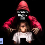 A woman in the dark on a phone with the light from the phone shining onto her face, a person in a red coat standing behind holding her shoulders, Renters' Rights Bill